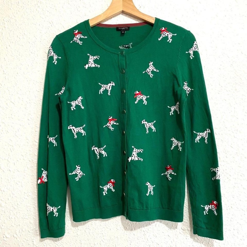 Talbots Small Petites Green Dalmatian Dog Bow Cardigan Sweater Cashmere Blend